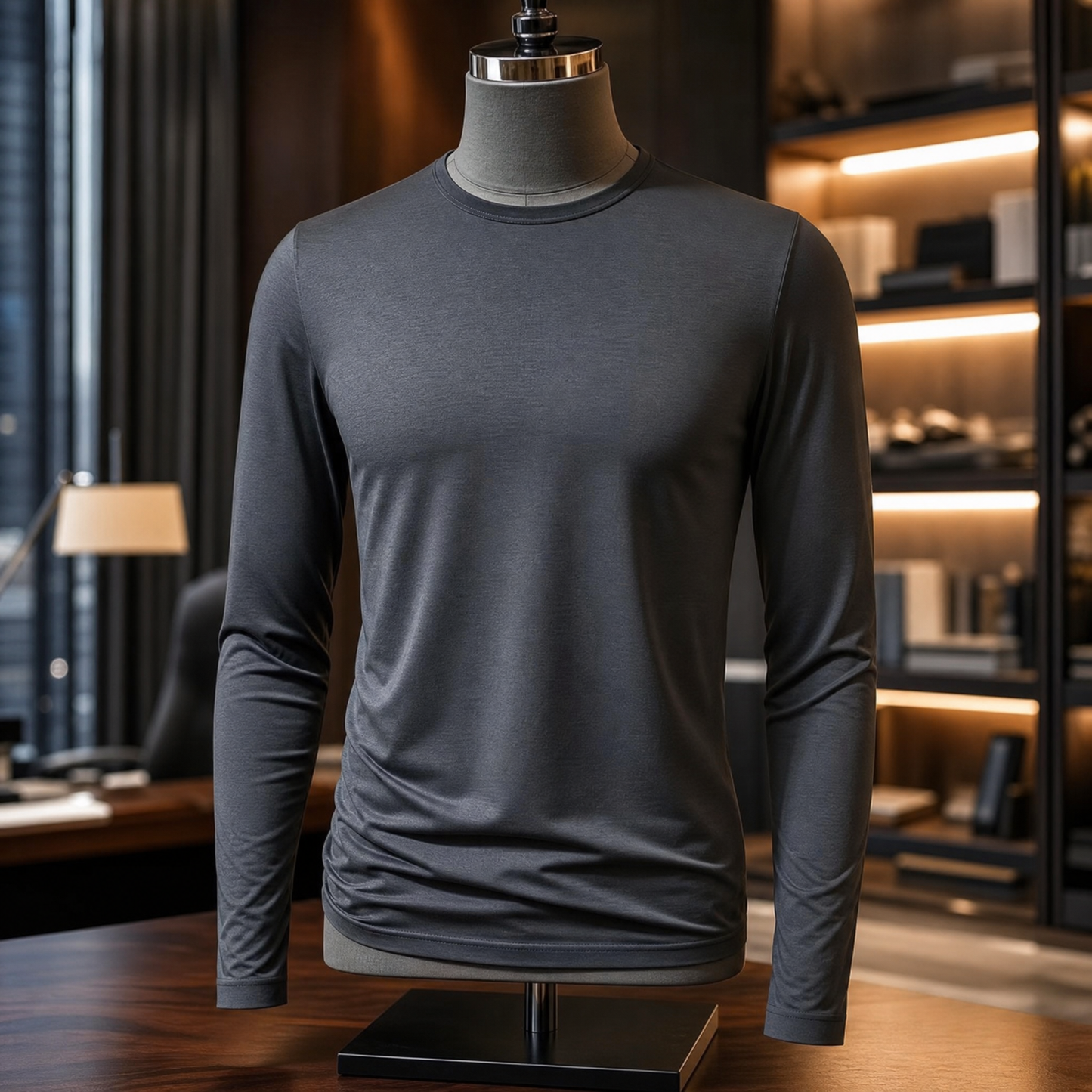 Modest Professional Long-Sleeve Tee: Slate Quiet Luxury