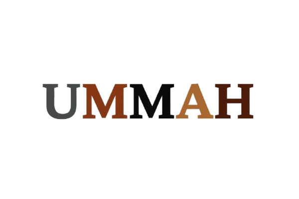 The word 'UMMAH' spelled out in large serif letters, with alternating dark gray, rust brown, black, and tan letters on a plain white background.
